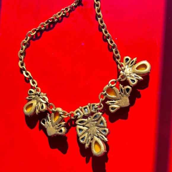 J Crew Art Deco Statement Necklace Blue, Purple, Yellow, Rhinestone Gold Tone - Picture 9 of 10